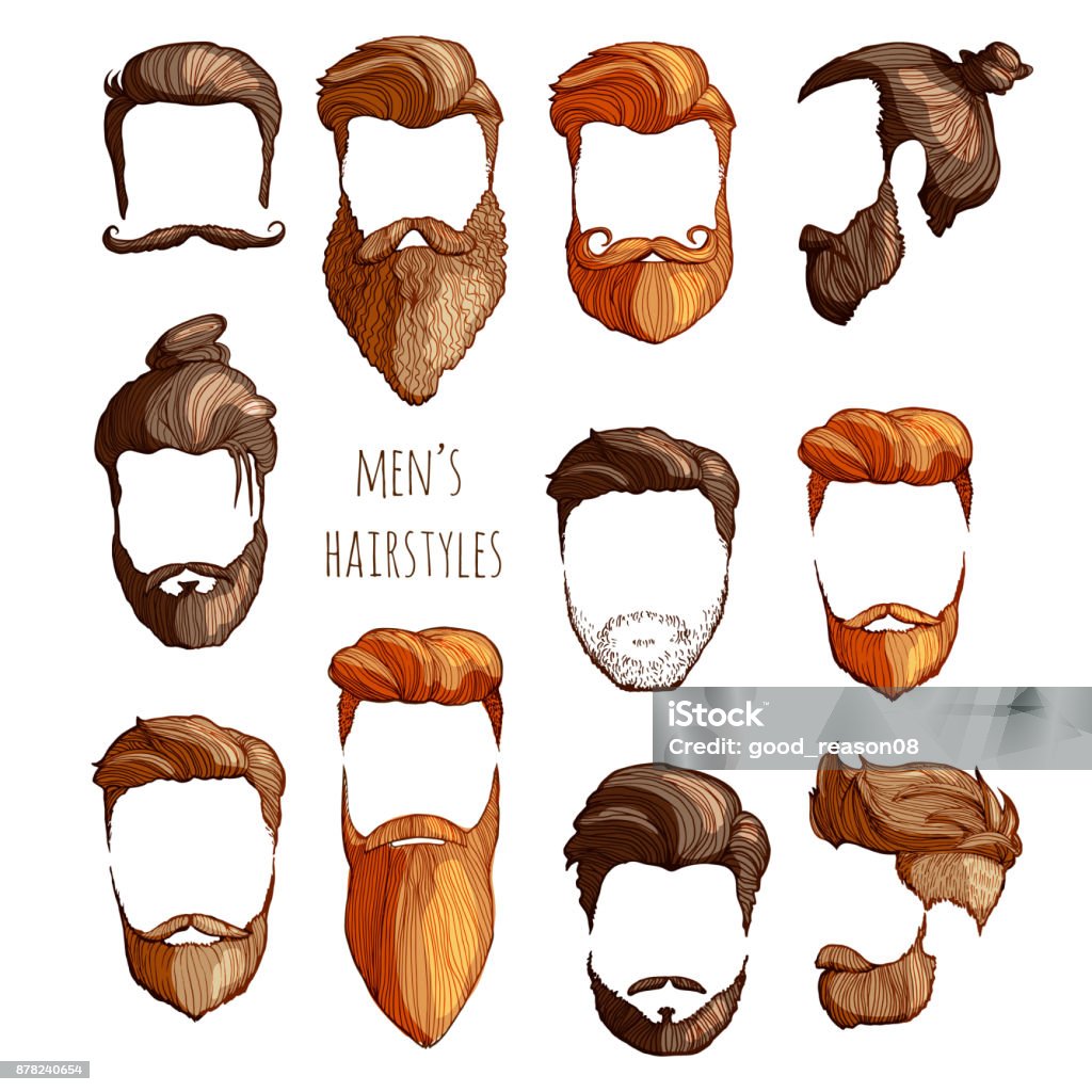 Set of men's hairstyles, mustaches and beards. Hand-drawn sketch. Vector Illustration. - Royalty-free Barba arte vetorial