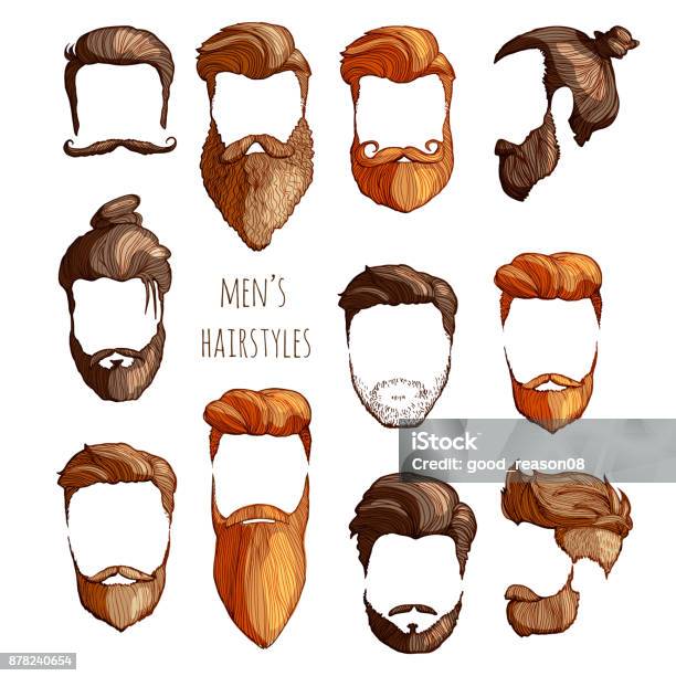 Set Of Mens Hairstyles Mustaches And Beards Handdrawn Sketch Vector Illustration Stock Illustration - Download Image Now