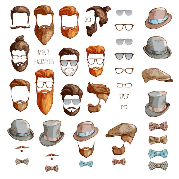 hipster-satz. bärte, brillen, fliege und hüte. - 2997 stock-grafiken, -clipart, -cartoons und -symbole