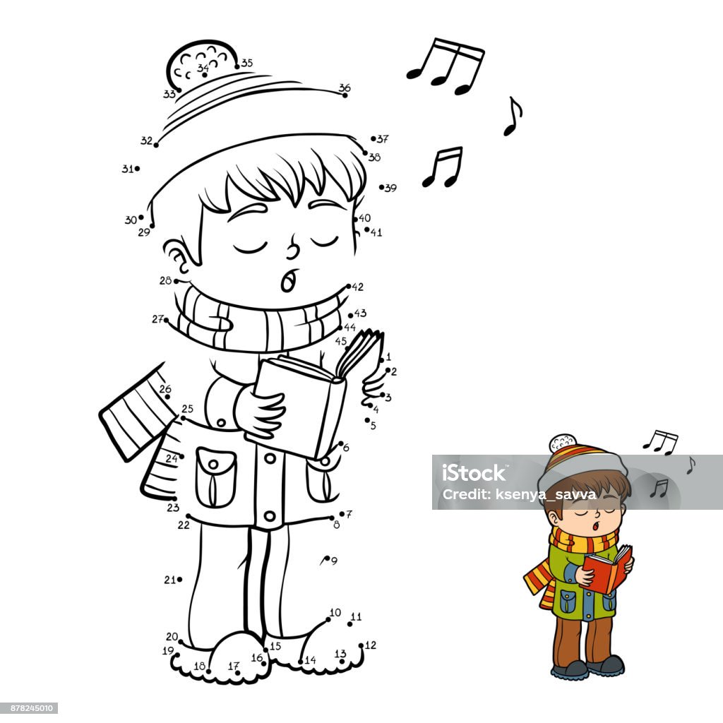 Numbers game, Boy singing a Christmas song Numbers game, education dot to dot game for children, Boy singing a Christmas song Christmas stock vector