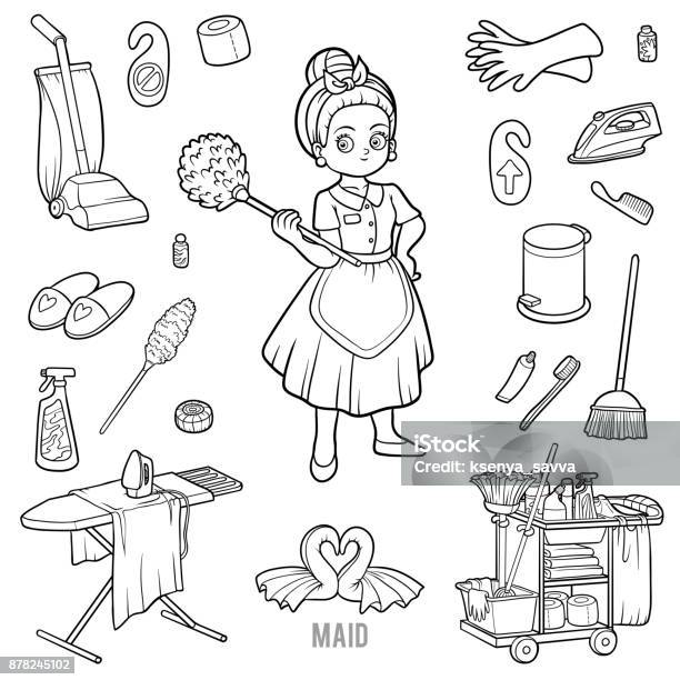 Black And White Set With Maid And Objects For Cleaning Stock Illustration - Download Image Now