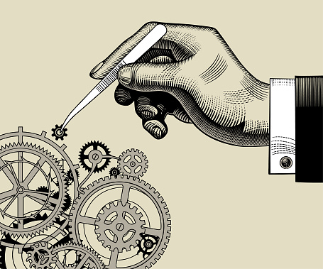 Hand with tweezers and gear wheels of clockwork. Vintage stylized drawing. Vector Illustration