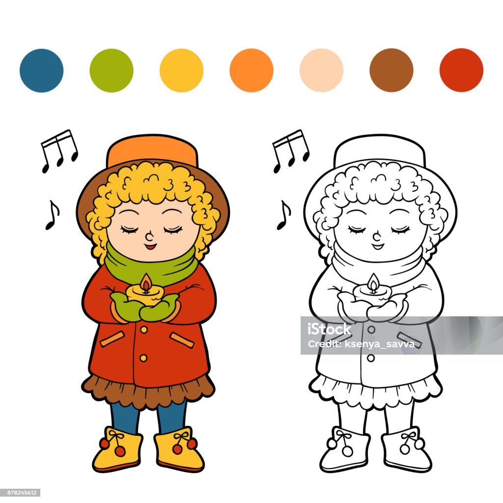 Coloring book for children, Girl singing a Christmas song Black And White stock vector