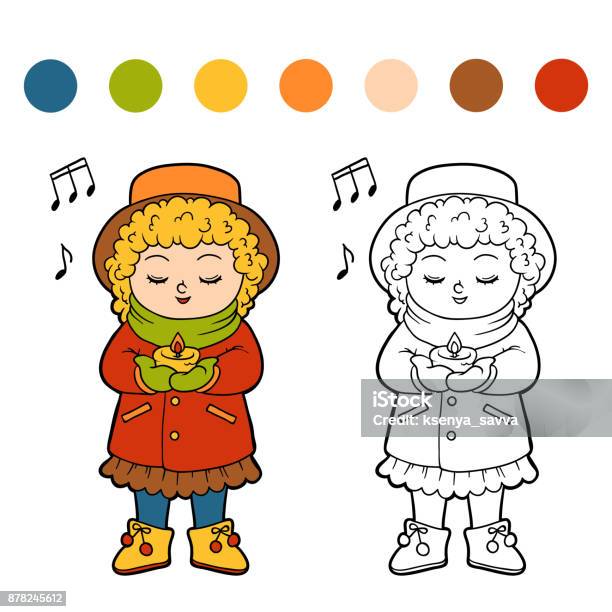 Coloring Book For Children Girl Singing A Christmas Song Stock Illustration - Download Image Now