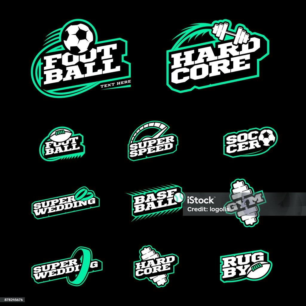 Retro-Stil Sport-Icon-Set. Fußball, Baseball, Rugby, Fußball, Fitness-Studio-Emblem und Text Icontype Hochzeit. zwei Farbstil auf schwarzem Hintergrund - Lizenzfrei Logo Vektorgrafik