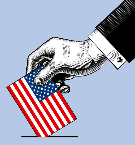 ilustrações, clipart, desenhos animados e ícones de mão colocando o voto de papel com a bandeira dos eua - voting election usa american culture
