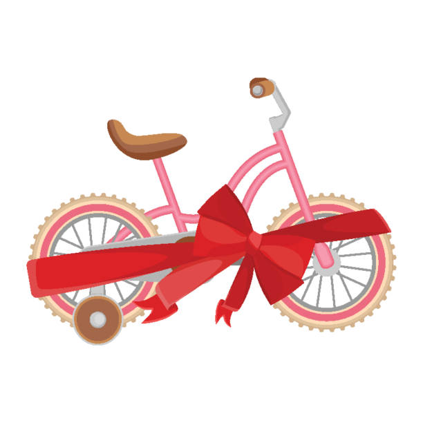 Pink bicycle in decorative wrapping ribbon with bow vector Pink bicycle in decorative wrapping ribbon with bow vector illustration isolated on white background. Bike present for girl, new cycle transport cycling borders stock illustrations