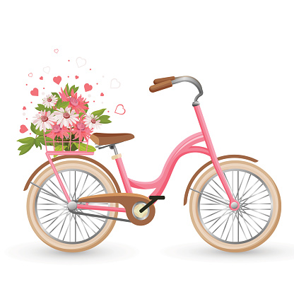 Pink bicycle with cart full of flowers and hearts vector illustration with transportation cycle decorated by petals isolated on white in love concept