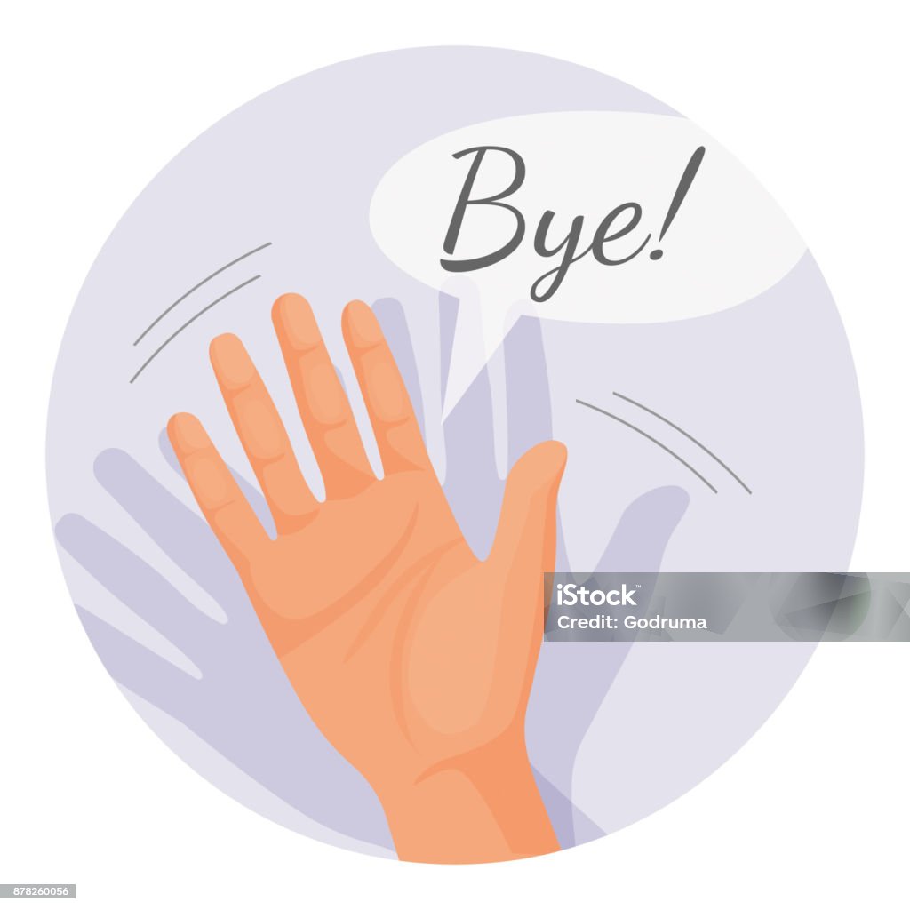 Hand waving goodbye vector illustration in round circle isolated Hand waving goodbye vector illustration in round circle isolated on white. Human palm nonverbal gesture meaning bye, parting sign Waving - Gesture stock vector