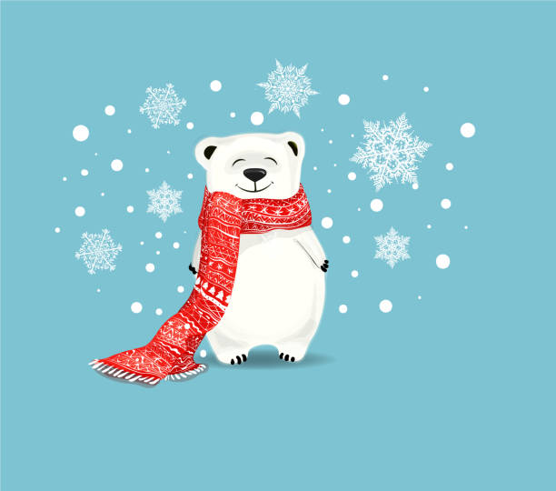 ilustraciones, imágenes clip art, dibujos animados e iconos de stock de lindo pequeño oso de polar con bufanda roja sobre fondo azul con copos de nieve. - winter bear