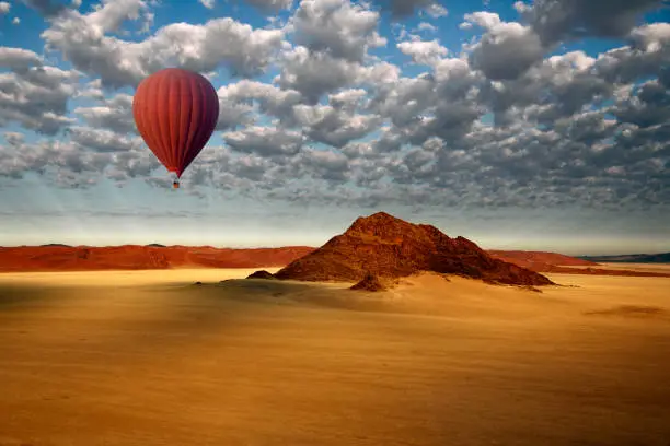 Aerial view from a Hot Air Balloon in the Sossusvlei area of the Namib-Naukluft National Park in the Namib Desert in Namibia.
