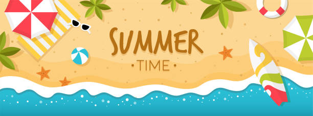 Summer Time on Beach Banner Vector of summer time on beach with beach umbrellas, waves, coconut tree and surfing board beach wallpaper stock illustrations