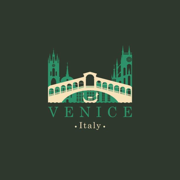 Rialto bridge logo. Venice architectural landmark Vector travel illustration, banner or icon. Rialto bridge logo. Ponte di Rialto and the gondola on a background of the old buildings of Venice. Venice Landmark. Italian architectural attraction venezia stock illustrations