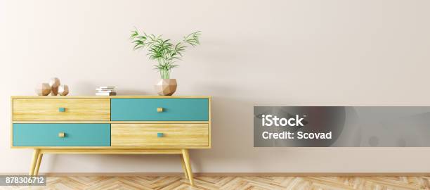 Interior With Wooden Sideboard 3d Rendering Stock Photo - Download Image Now - Sideboard, Wood - Material, Dresser
