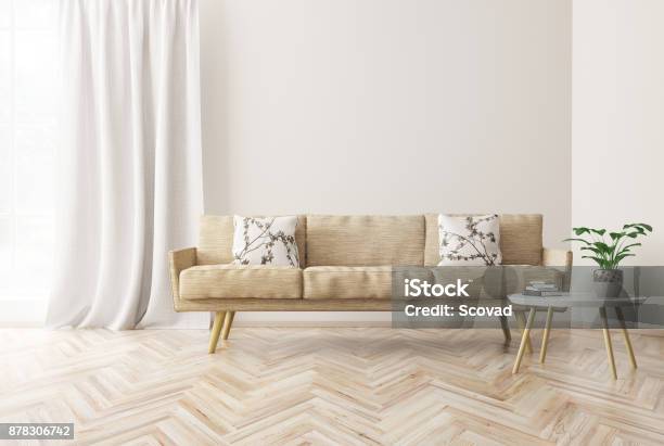 Modern Interior Of Living Room 3d Rendering Stock Photo - Download Image Now - Curtain, Parquet Floor, Living Room