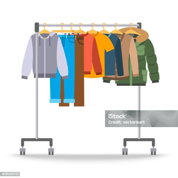 Männer Casual Warme Kleidung Auf Bügel Rack Stock Vektor Art und mehr Bilder von Kleidung - Kleidung, Kleiderbügel, Illustration