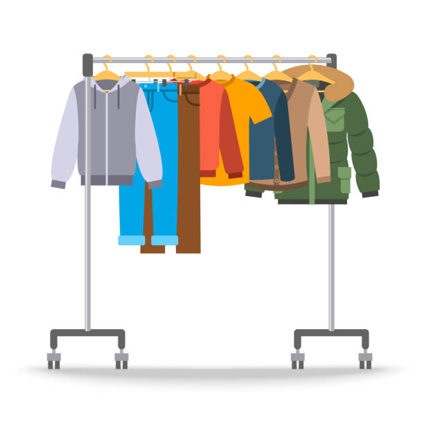 Men casual warm clothes on hanger rack Men casual warm clothes on hanger rack. Flat style vector illustration. Male apparel hanging on shop rolling display stand. Winter and autumn outfit new fashion collection. Seasonal sale concept fashion clipart stock illustrations