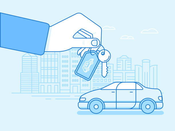 Buying or renting a car concept Vector illustration in flat linear style and blue colors - buying or renting a car concept - hand with keys and vehicle with city landscape on the background borrowing stock illustrations