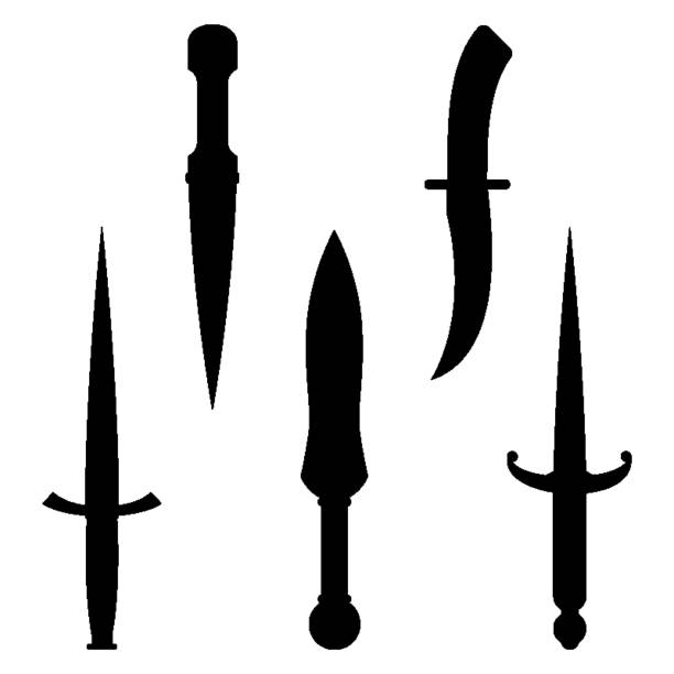 ilustrações de stock, clip art, desenhos animados e ícones de set of dagger knives black silhouettes with very sharp edges - weapon dagger hunting hunter