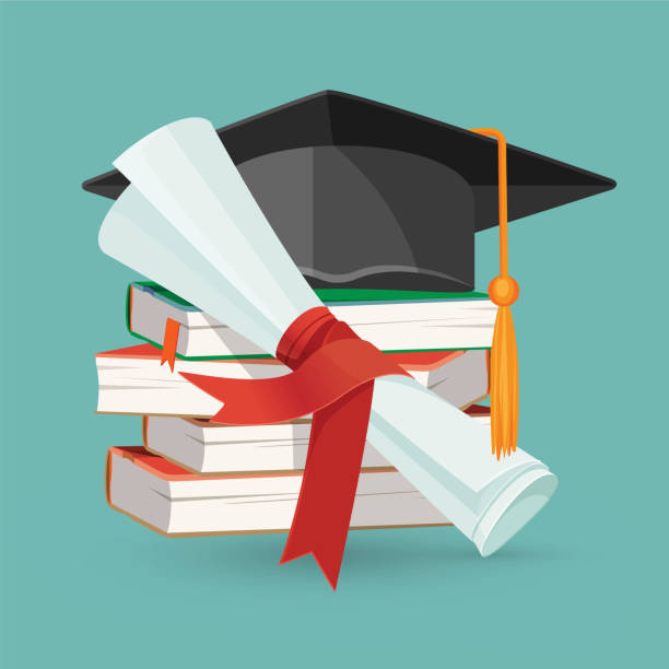 Degree scroll, pile of books and black graduation cap Degree scroll on background of pile of books and black graduation cap with tassel vector illustration with textbooks, diploma and hat isolated on blue school supply clip art stock illustrations