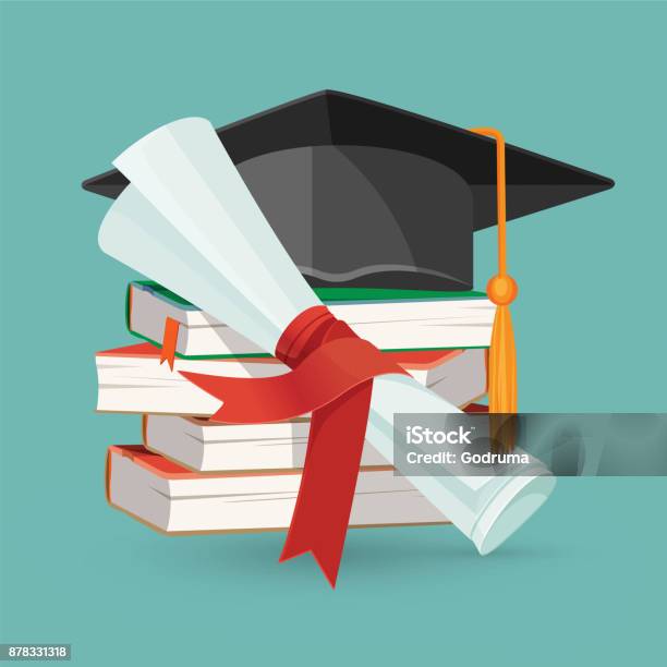 Degree Scroll Pile Of Books And Black Graduation Cap Stock Illustration - Download Image Now