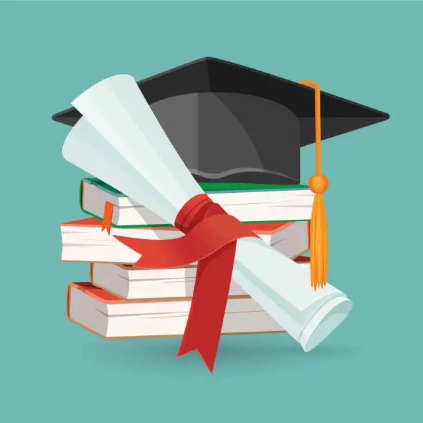 Vector illustration of Degree scroll, pile of books and black graduation cap