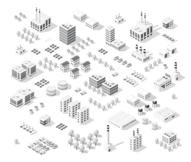 illustrazioni stock, clip art, cartoni animati e icone di tendenza di città set isometrica con grattacieli - skyline silhouette cityscape residential district