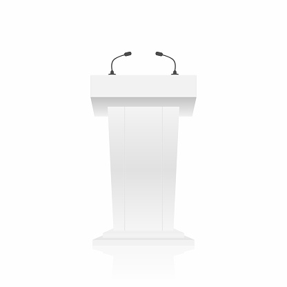 Podium, tribune, stand rostrum with microphones. Back view from audiences side. Vector illustration