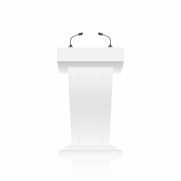 Podium, tribune, stand rostrum with microphones. Back view from audiences side Podium, tribune, stand rostrum with microphones. Back view from audiences side. Vector illustration seminar classroom lecture hall university stock illustrations