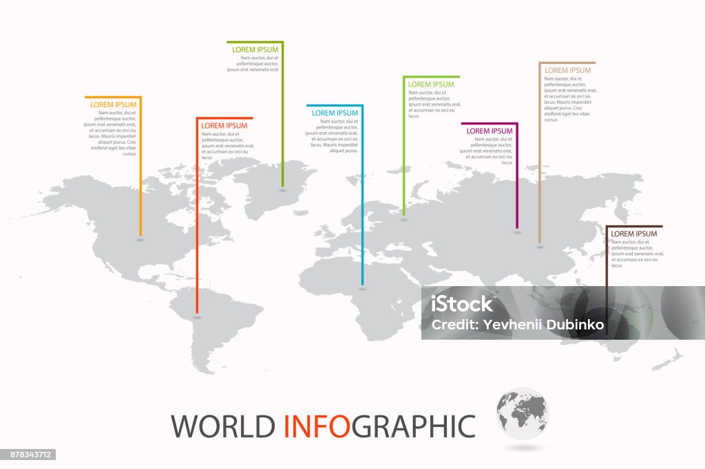 World infographic template. World map with marker on each continent World infographic template. World map with marker on each continent. Vector World Map stock vector