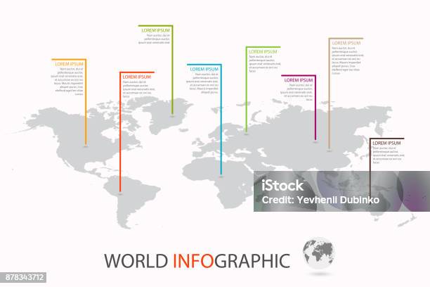 World Infographic Template World Map With Marker On Each Continent Stock Illustration - Download Image Now