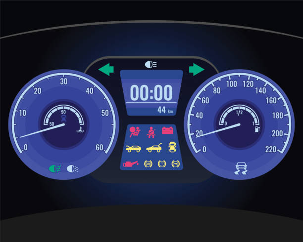 Dashboard instrument control panel or fascia realistic vector Dashboard instrument control panel or fascia located directly ahead of vehicle's driver, displaying instrumentation and controls operations with car realistic vector vintage speedometer stock illustrations