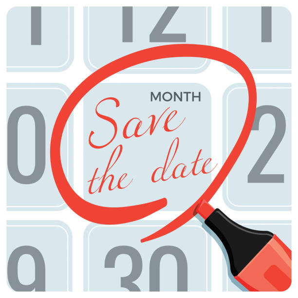 Save the date poster with red circle mark on calendar Save the date poster with red circle mark on calendar made by red pencil vector illustration. Memory note on list with days, memorable event calendar date circled stock illustrations
