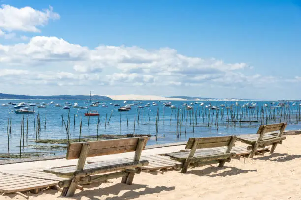 Photo of Cap Ferret (Arcachon Bay, France), public benches on the Beach of L'Herbe facing the dune of Pilat
