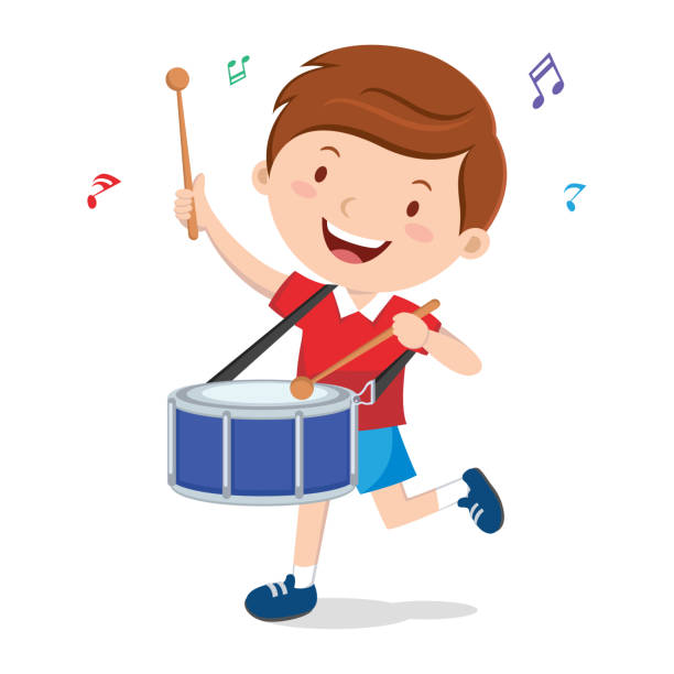 маленький мальчик, играющий на барабане - drum stock illustrations