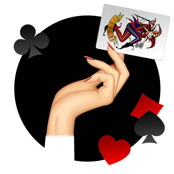 Vector illustration of Hand of woman holding Joker playing card on the round black background and paper suit symbols