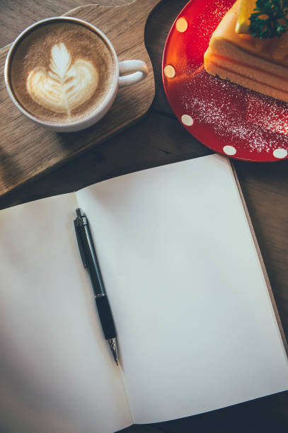 coffee cup and tasty cake on wood table and Blank paper waiting for ideas , coffee time work