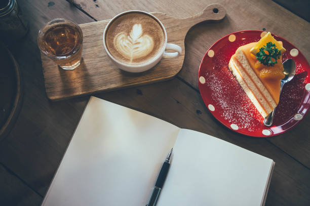 coffee cup and tasty cake on wood table and Blank paper waiting for ideas , coffee time work