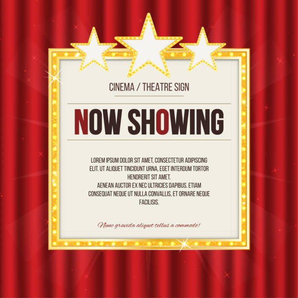 Theater sign or cinema sign with stars on red curtain. Gold retro signboard Theater sign or cinema sign with stars on red curtain. Gold retro signboard. Vector hollywood stock illustrations