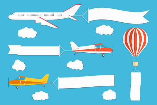 Flying advertising banner. Planes and hot air balloon with horizontal and vertical banners on blue sky background. Vector