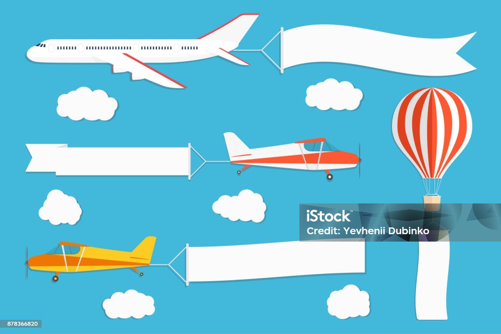 Flying advertising banner. Planes and hot air balloon with horizontal and vertical banners on blue sky background Flying advertising banner. Planes and hot air balloon with horizontal and vertical banners on blue sky background. Vector Airplane stock vector