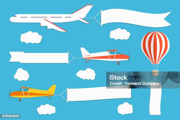 Flying Advertising Banner Planes And Hot Air Balloon With Horizontal And Vertical Banners On Blue Sky Background Stock Illustration - Download Image Now