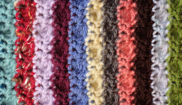 istock Crocheted yarn stitches in mixed colour stripes background 878368498