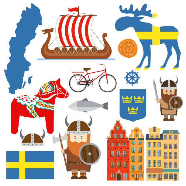 ilustrações de stock, clip art, desenhos animados e ícones de set with design elements of symbols of sweden and map - drakkar