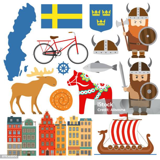 Sertie Déléments De Conception Des Symboles De La Suède Et De La Carte Vecteurs libres de droits et plus d'images vectorielles de Suède