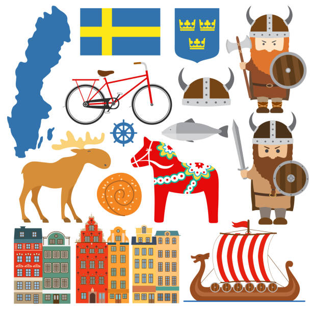 zestaw z elementami projektu symboli szwecji i mapą - sweden horse swedish culture viking stock illustrations