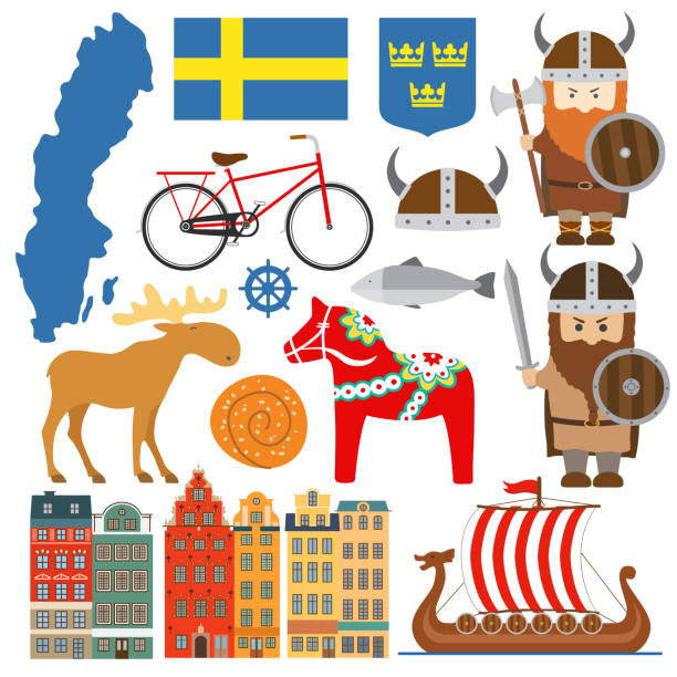 ilustrações de stock, clip art, desenhos animados e ícones de set with design elements of symbols of sweden and map - drakkar