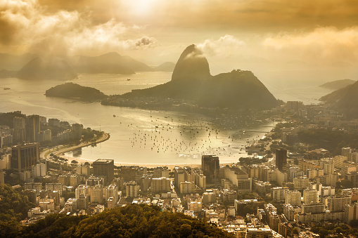 Panoramic view of Rio de Janeiro with Sugarloaf and Guanabara Bay in summer seen from Mirante Dona Marta