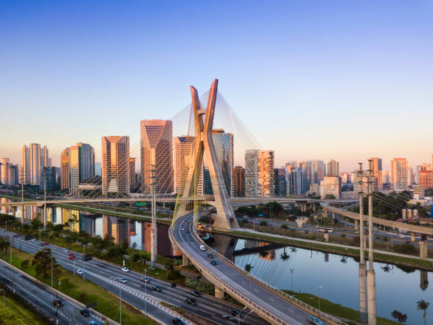 Sao Paulo Aerial view of the famous cable-stayed bridge of Sao Paulo city. cable stayed bridge stock pictures, royalty-free photos & images