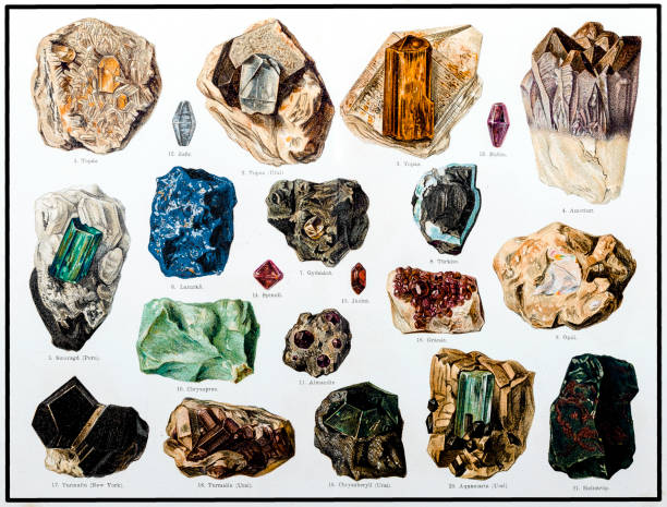 mineralien und ihre kristallinen formen - mineral stock-grafiken, -clipart, -cartoons und -symbole
